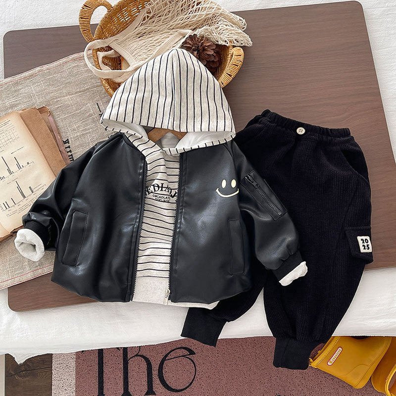 Boys' Cotton Striped Hoodie and Leather Coat Three-Piece Set
