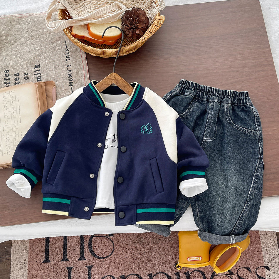 Boys' Cotton Baseball Jacket and Jeans Three-Piece Set