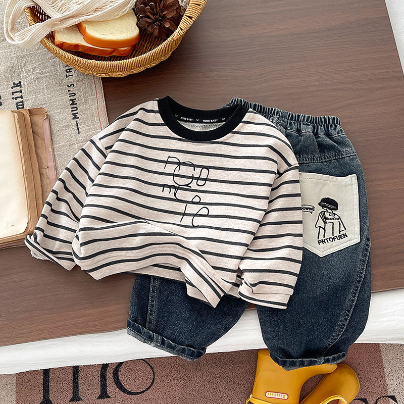 Boys' Cotton Striped Sweater and Jeans Two-Piece Set