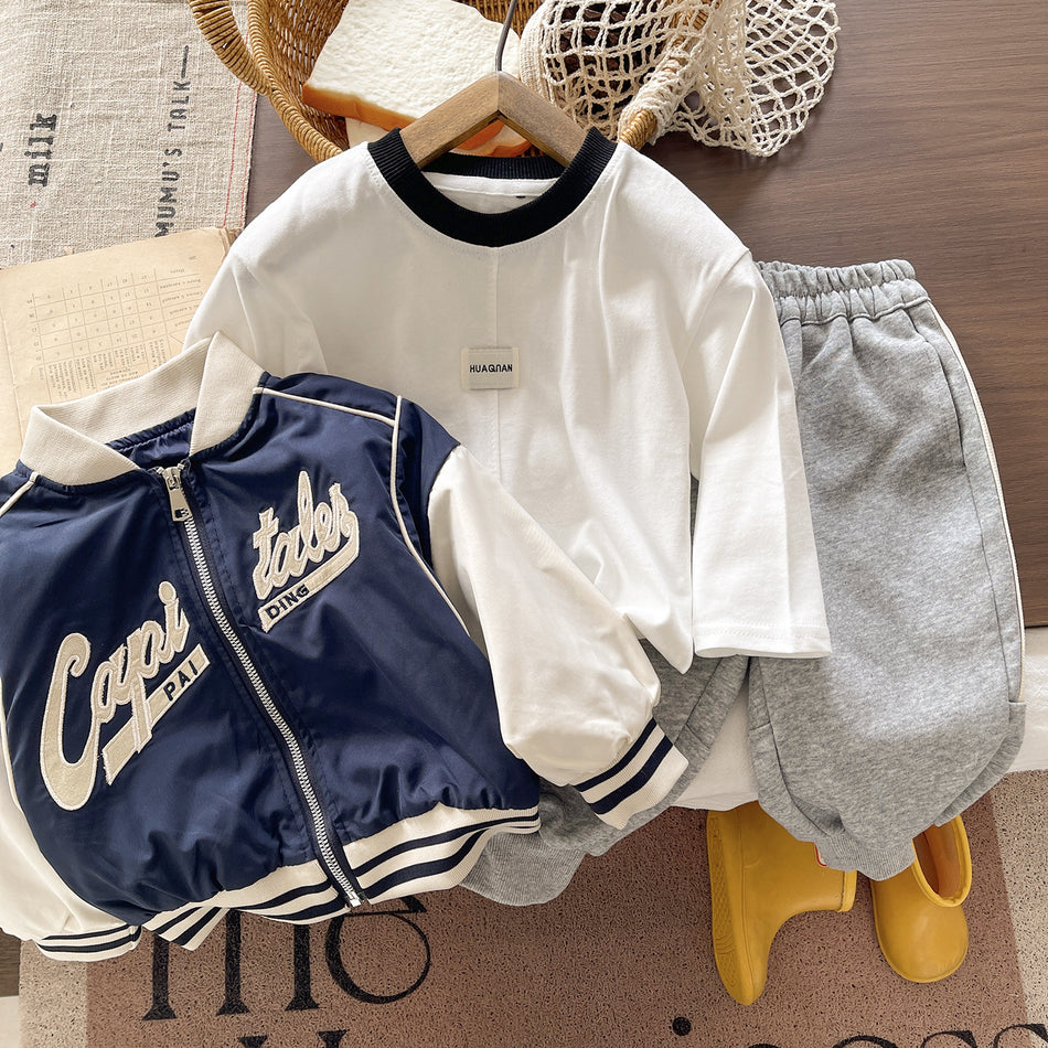 Boys' Cotton Baseball Cardigan Jacket Three-Piece Set
