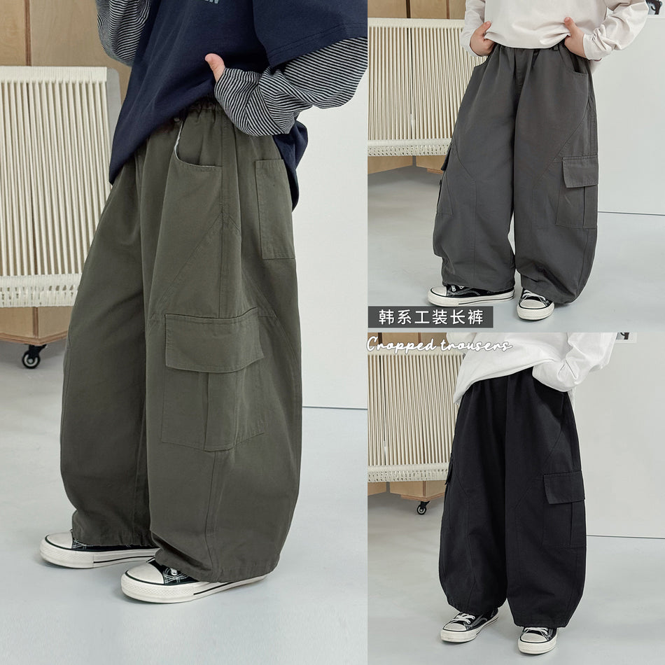 Boys' Cotton Cargo Pants with Patch Pockets for Autumn
