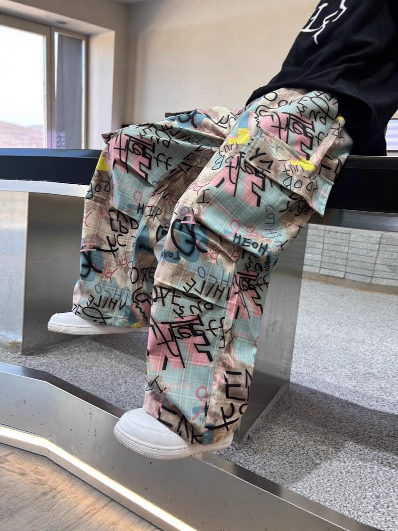 Boys' Polyester Cargo Pants with Graffiti Design for Autumn