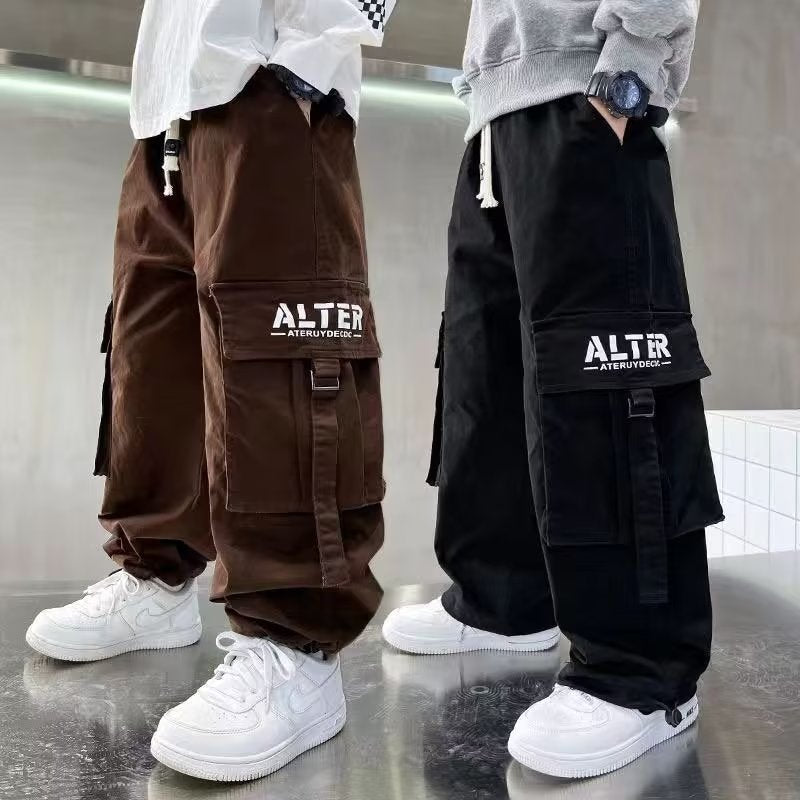 Boys' Polyester Cargo Pants for Spring and Autumn Casual Wear
