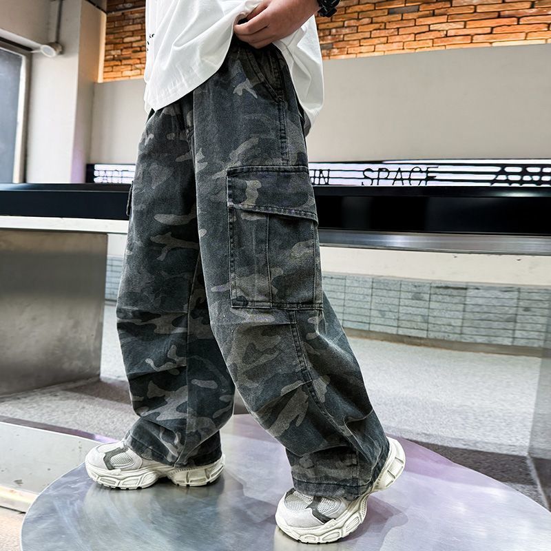 Boys' Camouflage Wide-Leg Cargo Pants for Spring Autumn