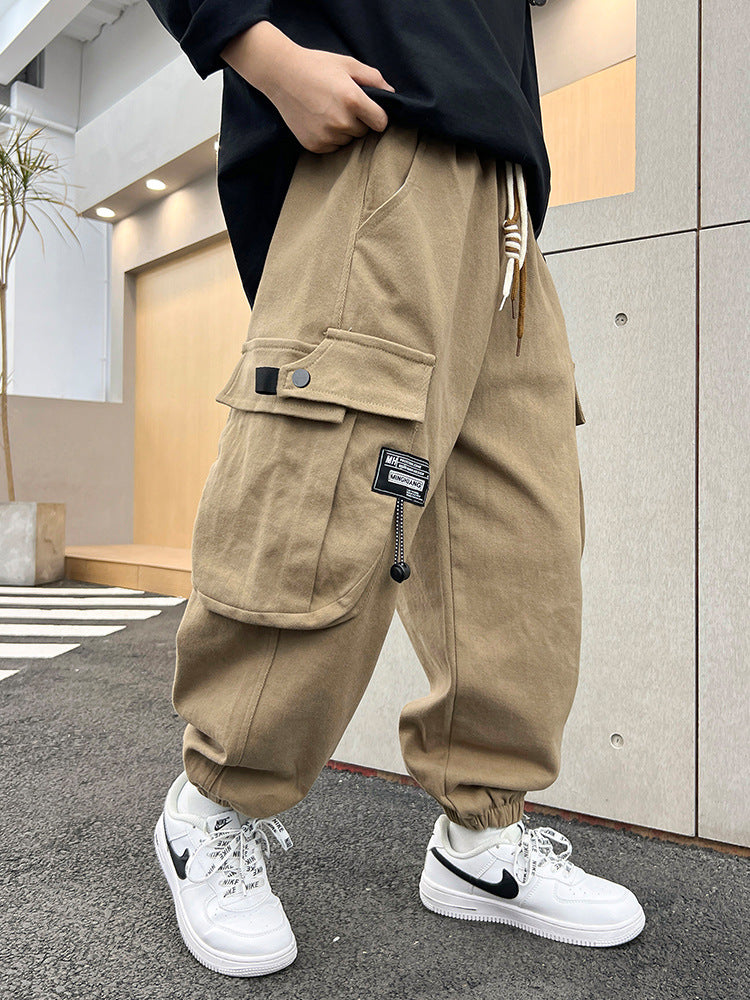 Boys' Washed Cotton Cargo Pants for Spring and Autumn Wear