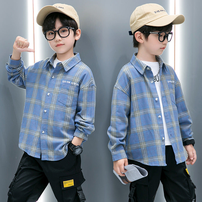 Boys' Plaid Shirt, Long Sleeve Cotton Casual Shirt