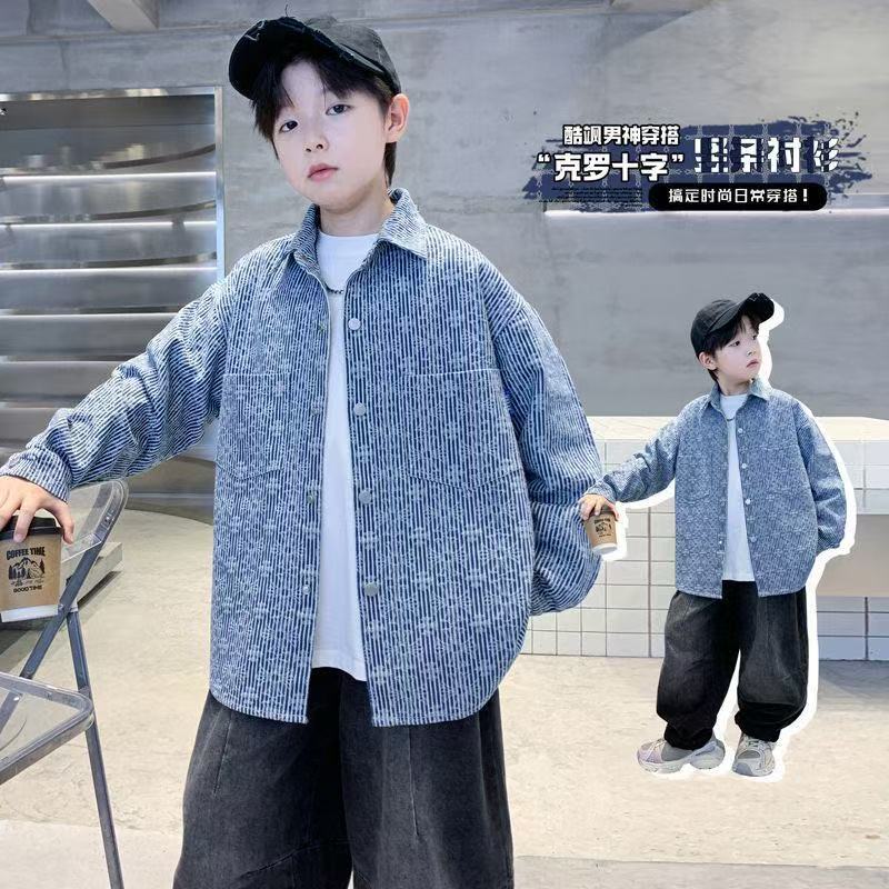 Boys' Cotton Denim Shirt, Striped Long Sleeve Casual Jacket