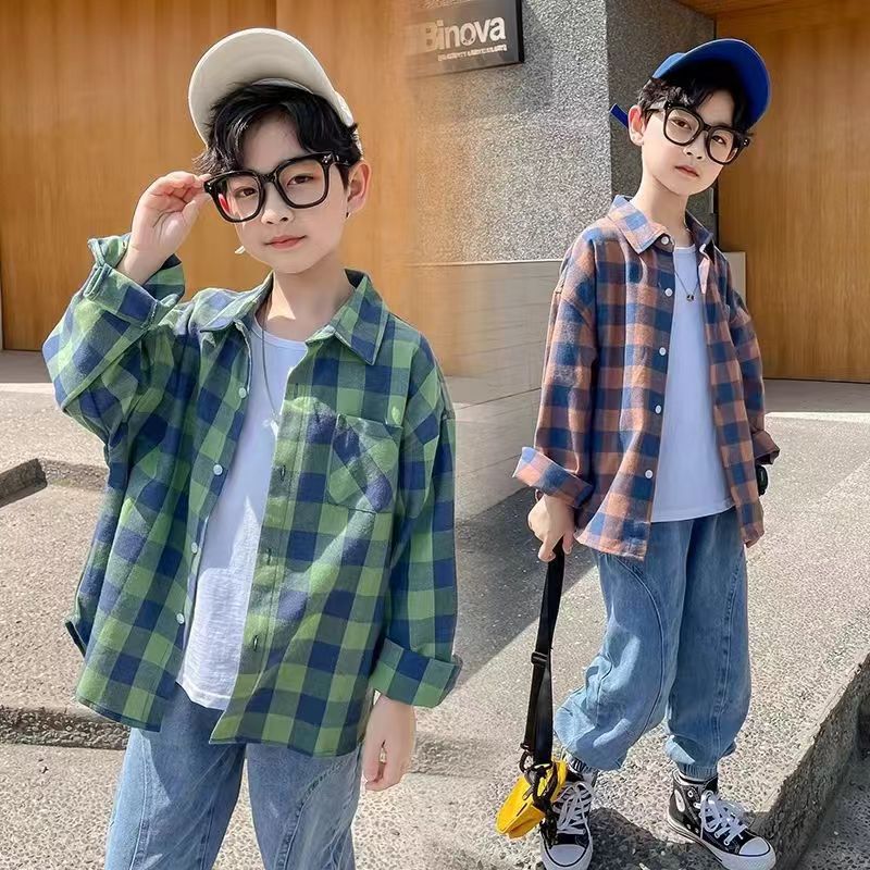 Boys' Plaid Shirt Jacket, Long Sleeve Cotton Blend Top