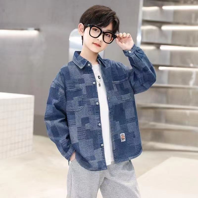Boys' Denim Shirt Long Sleeve Casual Plaid Jacket for Kids
