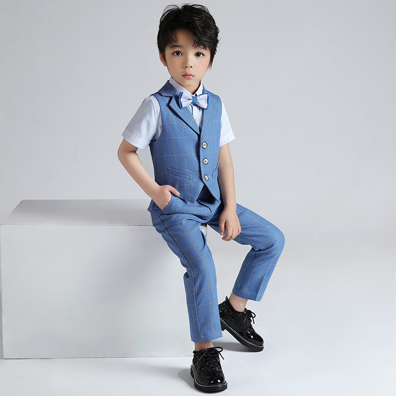 Boys' Korean Style Plaid Summer Vest Suit