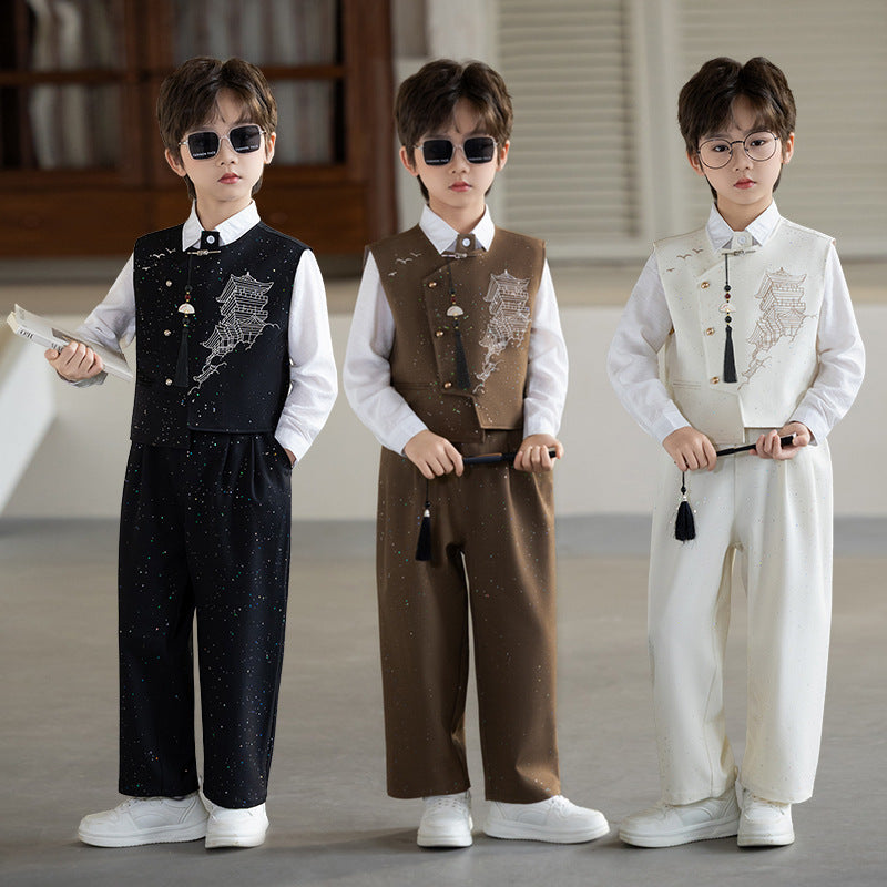 Boys' Chinese Style Embroidered Vest Suit Set