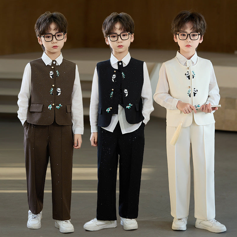 Boys' Chinese Style Panda Embroidered Vest Set