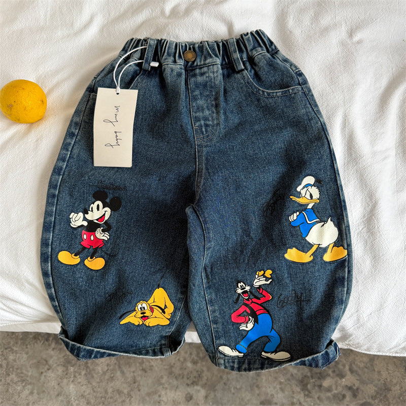 Boys' Loose Cartoon Print Jeans, Korean Style Trousers