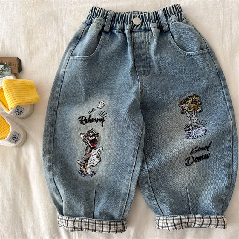 Boys' Cartoon Print Jeans, Korean Style Denim Trousers