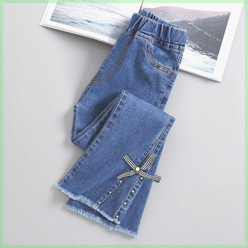 Title: Girls' Elastic Bell-Bottom Denim Jeans, Korean Style