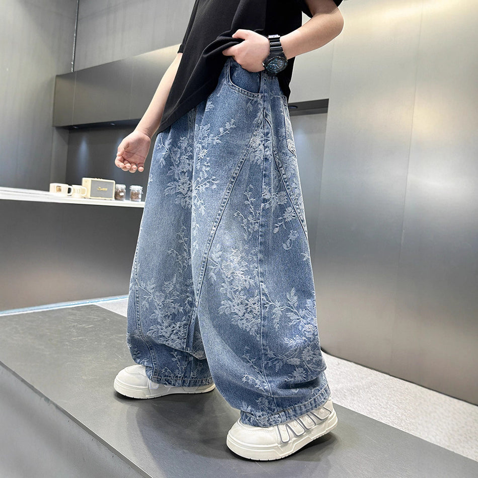 Boys' Loose Wide-Leg Denim Jeans, Korean High-Waist