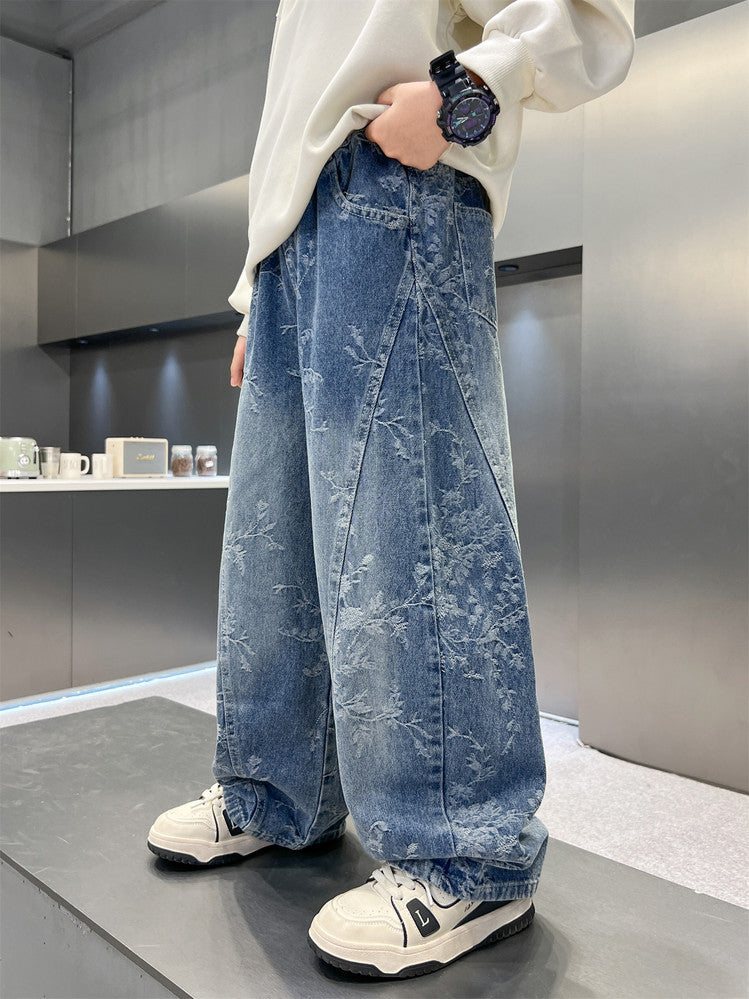 Boys' Loose Slimming Denim Jeans, Sand-Washed Finish