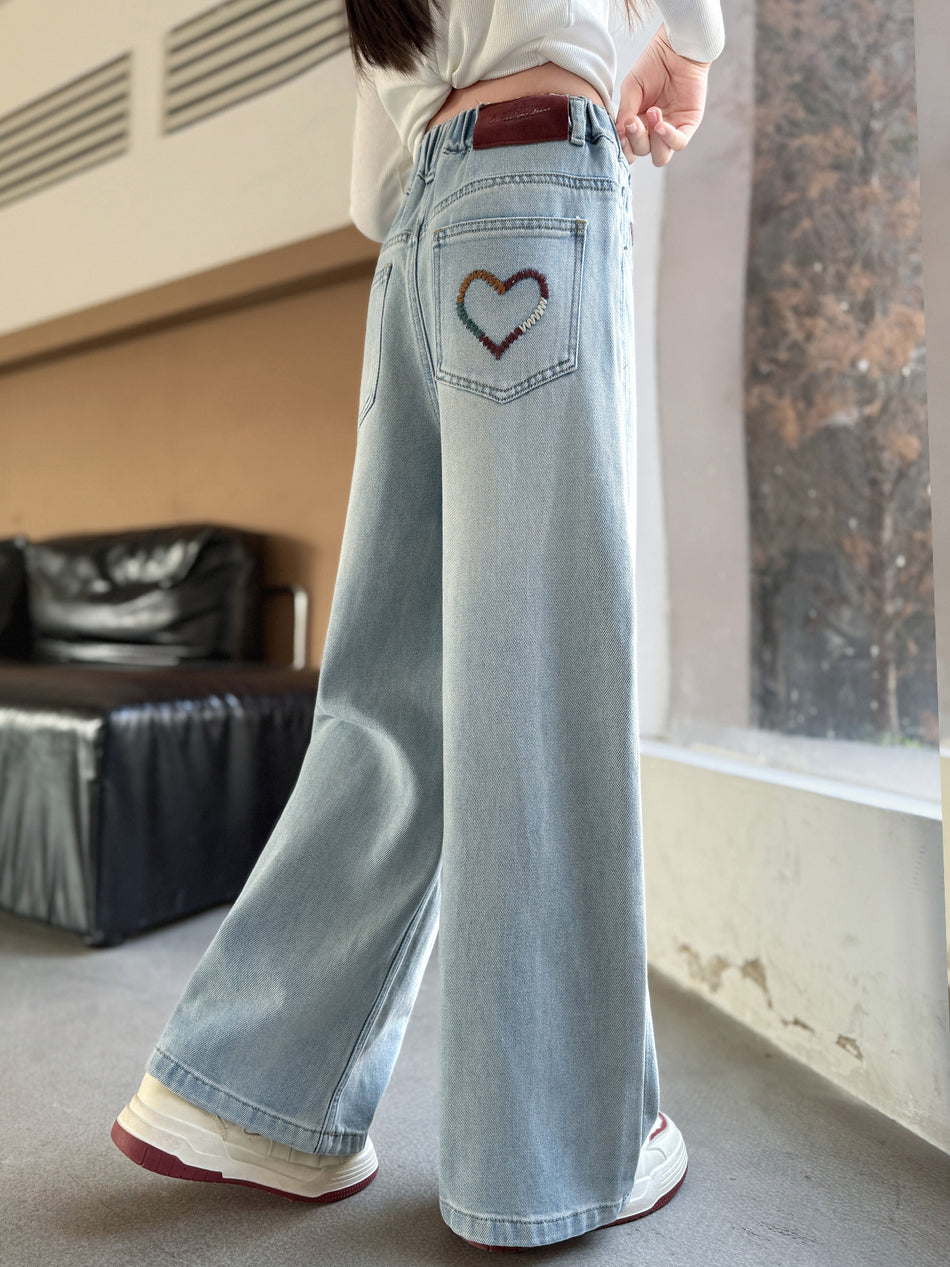 Diyuebeini Girls' Loose Wide-Leg Jeans, Heart Embroidery