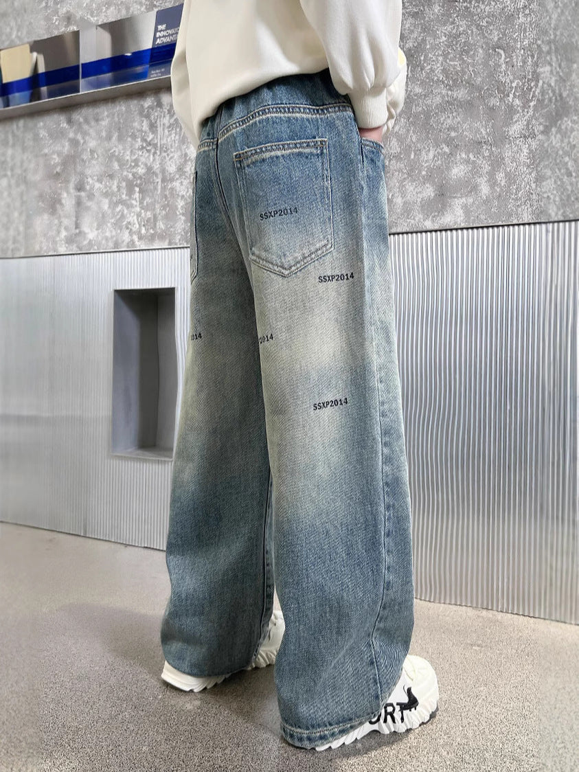 Boys' Printed Denim Straight-Leg Pants, Student Style
