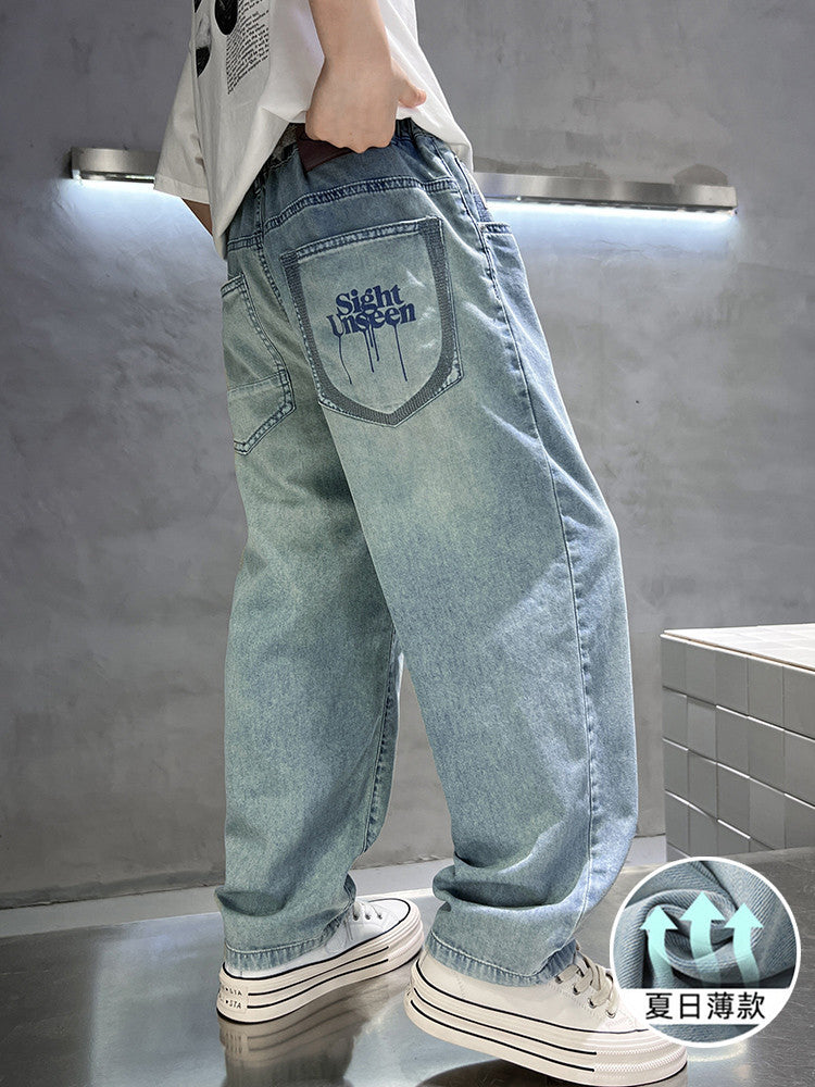 Diyuebeini Boys' Thin Loose Denim Jeans, Korean Style