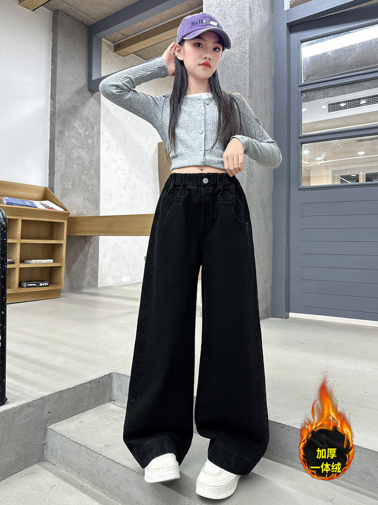 Di Yue Bei Ni Girls' Thick Wide-Leg Denim Pants