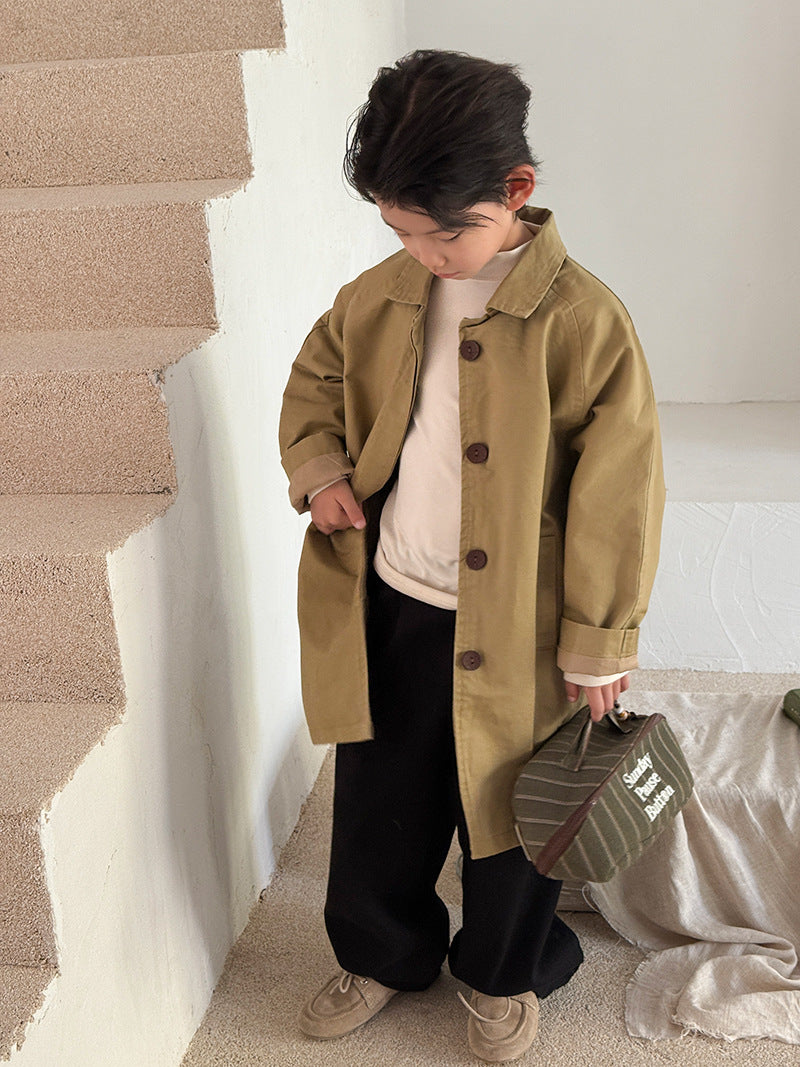 Unisex Kids' Cotton Trench Coat Mid-Length Lapel Jacket