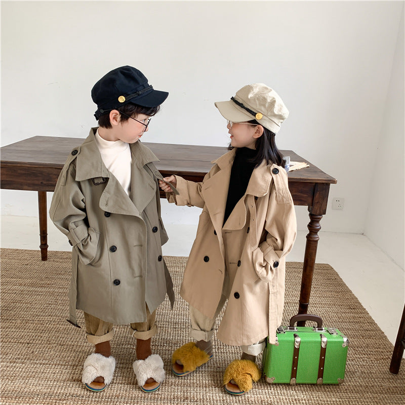Unisex Kids' Cotton Long Trench Coat Lapel Double-Breasted Style