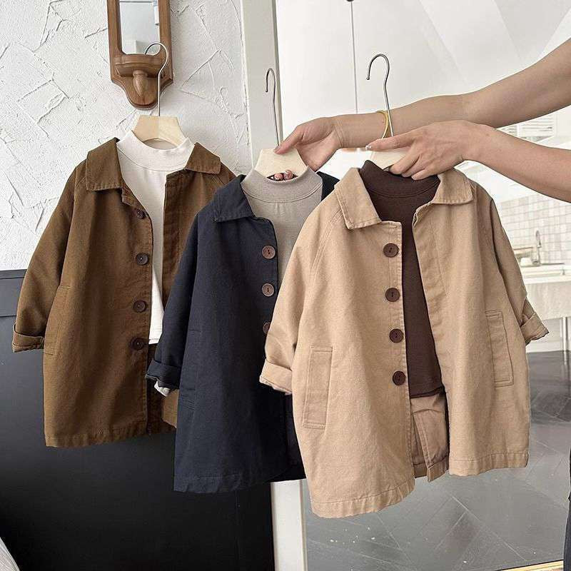 Unisex Kids' Cotton Trench Coat Mid-Length Lapel Single-Breasted