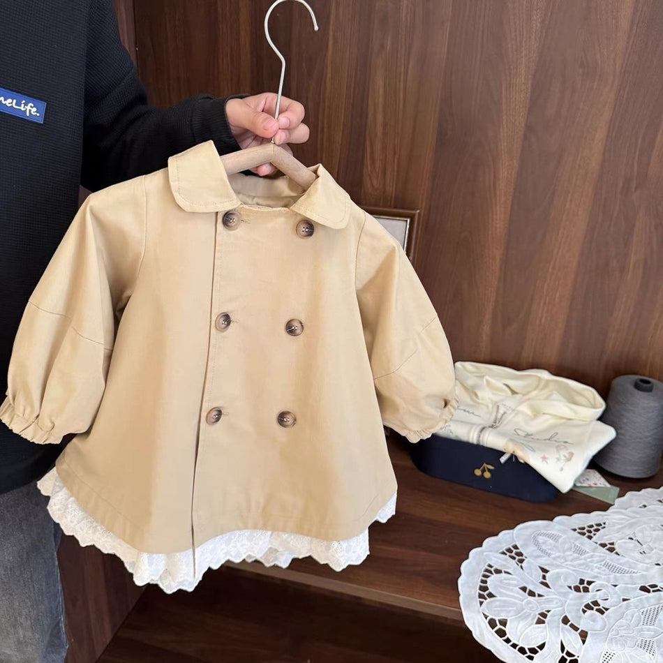 Baby Girls' Double-Breasted Khaki Lace Mid-Length Windbreaker