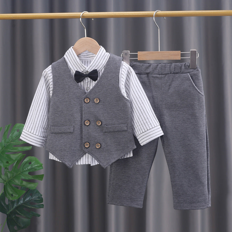 Boys Cotton Three-Piece Suit Vest Bow Tie Shirt Set