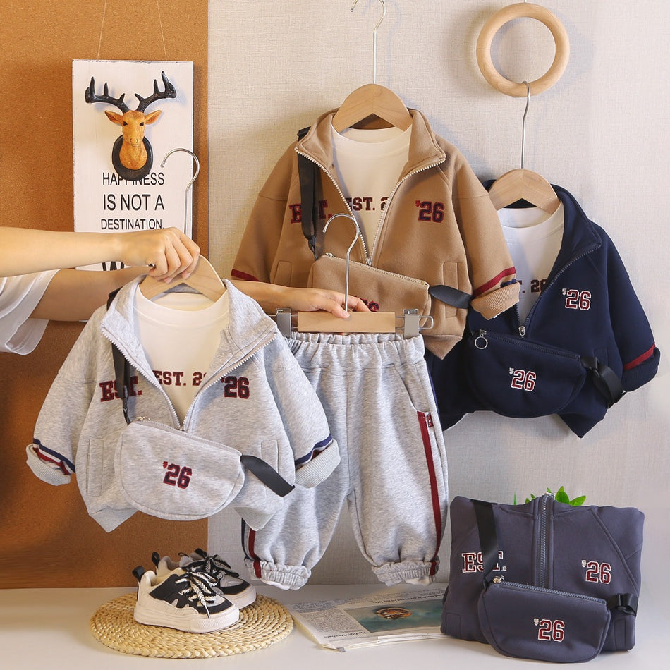 Boys Cotton Three-Piece Sweatshirt Set with Shoulder Bag