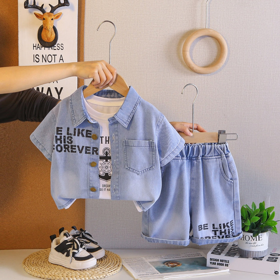 Boys Cotton Three-Piece Set Denim Short-Sleeve Suit