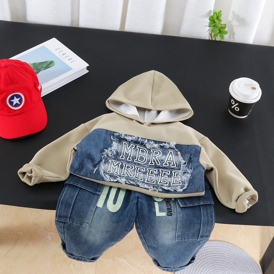 Boys Cotton Hoodie Two-Piece Set Denim Patch Suit