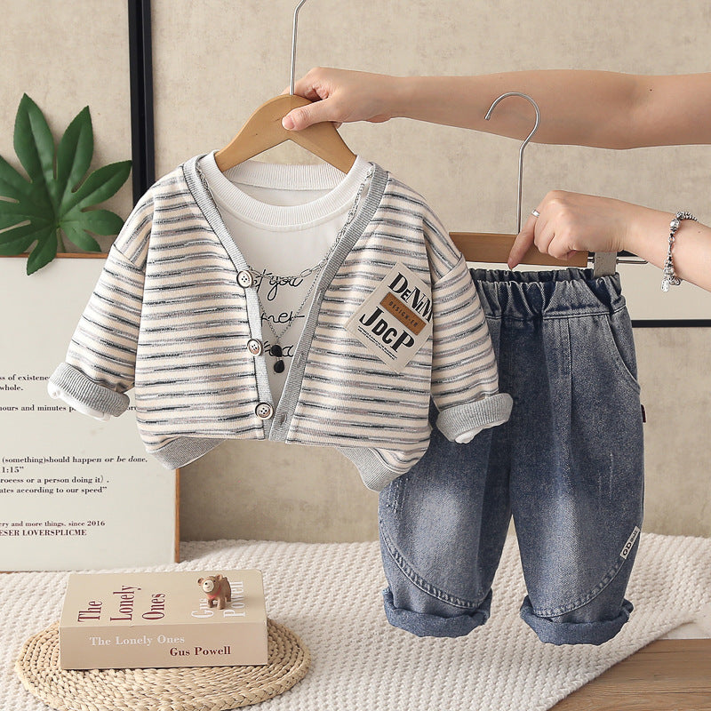 Boys Cotton Striped Three-Piece Set Casual Cardigan Suit