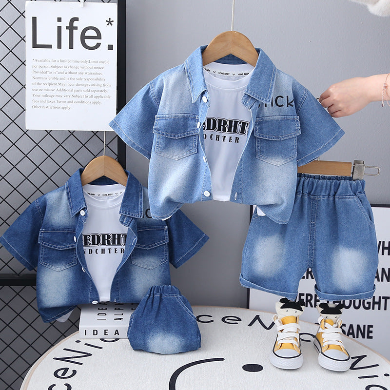 Boys Cotton Denim Three-Piece Set Short-Sleeve Suit