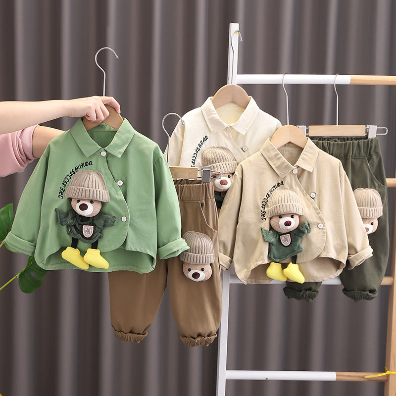 Boys Cotton Cartoon Bear Shirt Two-Piece Set Suit