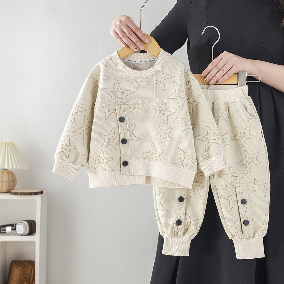 Boys Cotton Jacquard Round-Neck Two-Piece Set Suit