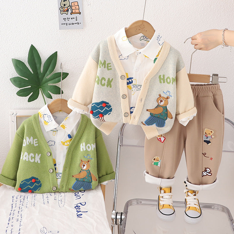 Boys Cotton Cardigan Three-Piece Set Casual Sweater Suit