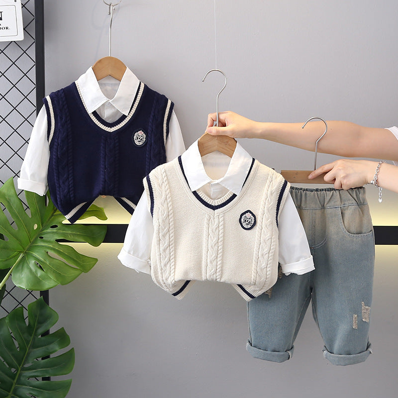 Boys Cotton College Sweater Three-Piece Set Casual Suit