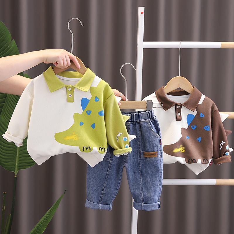Boys Cotton Dinosaur Two-Piece Set Lapel Polo Suit