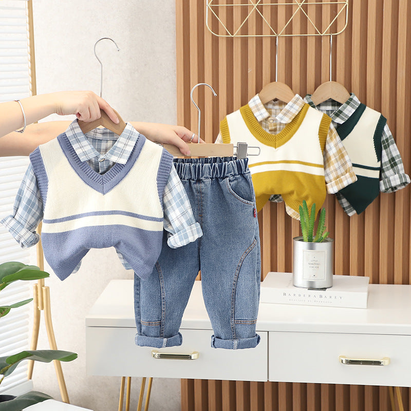 Boys Cotton Plaid Vest Three-Piece Set Casual Suit