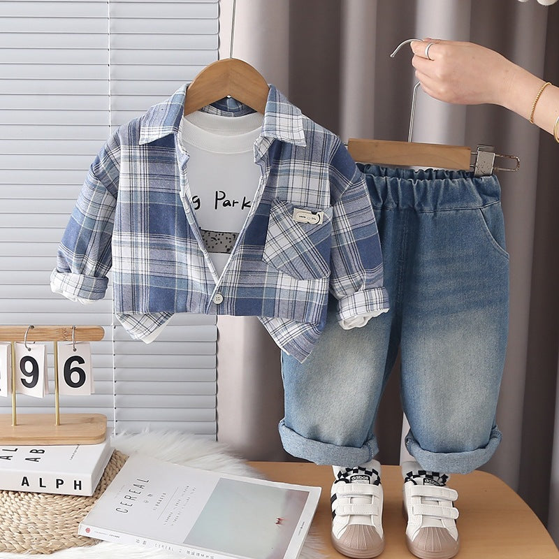 Boys Cotton Plaid Three-Piece Set Casual Shirt Suit