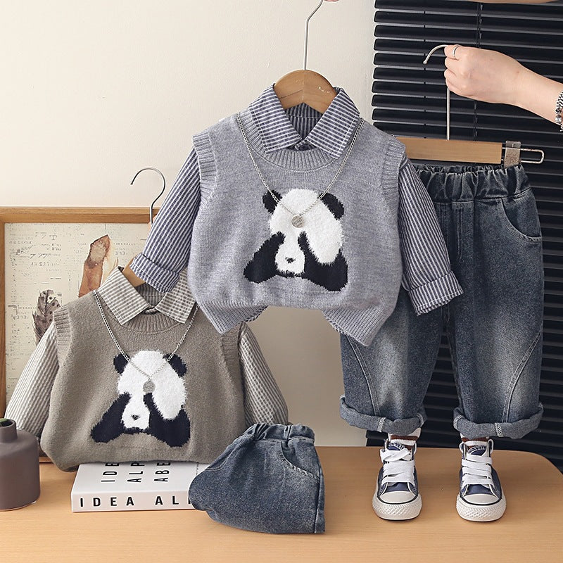Boys Cotton Panda Sweater Vest Three-Piece Set Suit