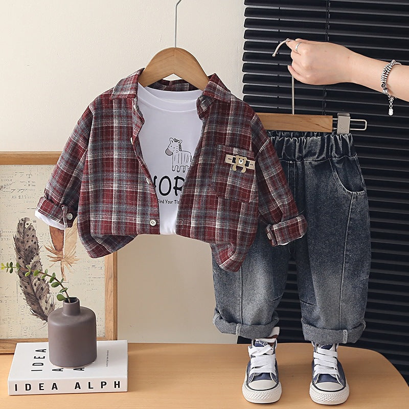Boys Cotton Plaid Shirt Three-Piece Set Casual Suit