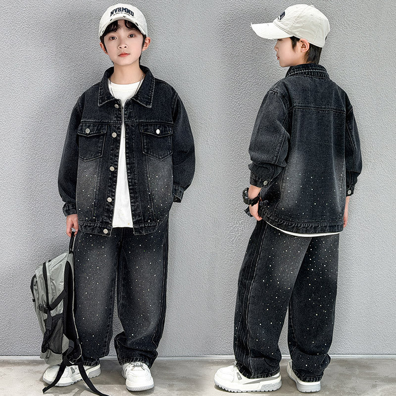 Boys Denim Two-Piece Set Casual Jacket Pants Suit