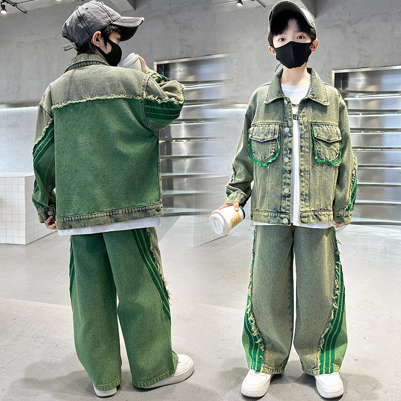 Boys Denim Two-Piece Set Striped Casual Jacket Suit
