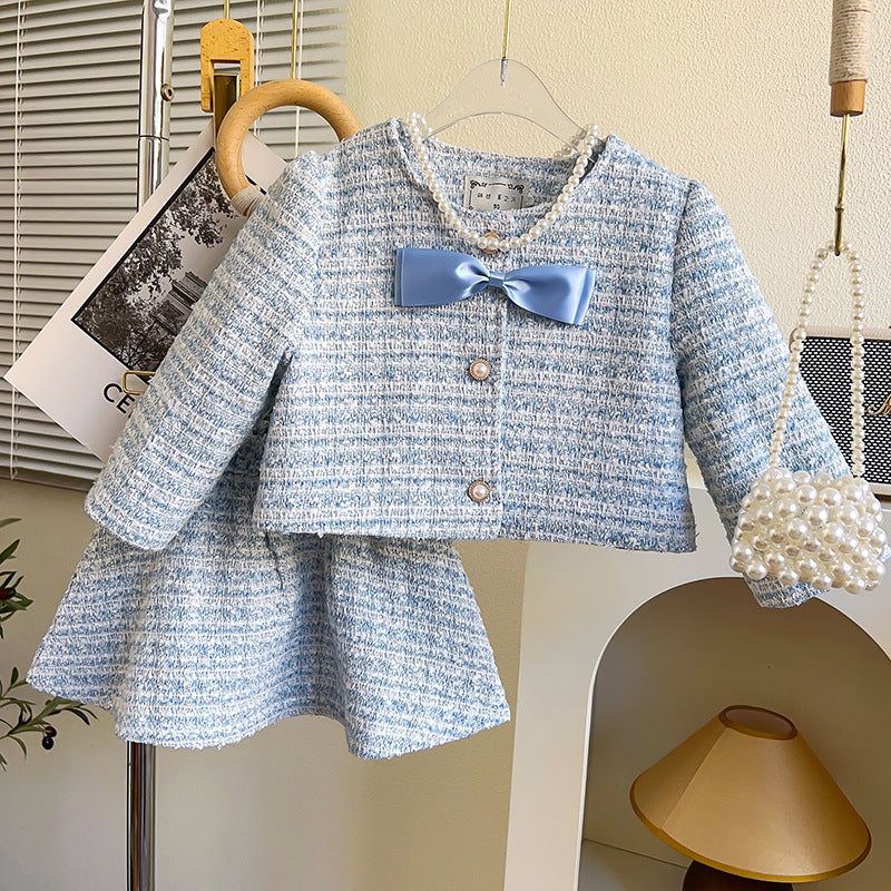 Girls Bow Coat Skirt Two-Piece Set Chanel-Style Suit