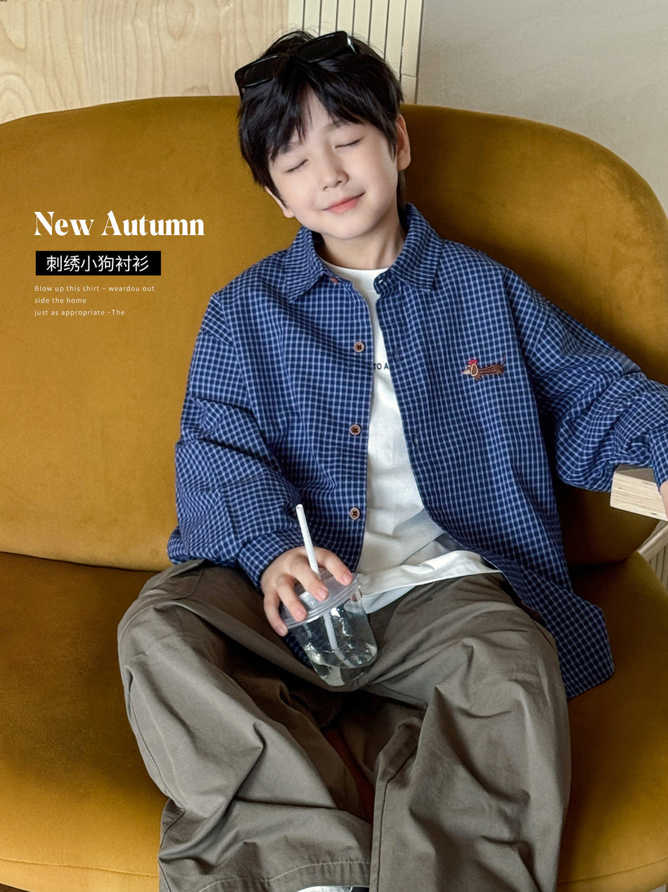 Boys' Cotton Plaid Long-Sleeve Sausage Dog Shirt