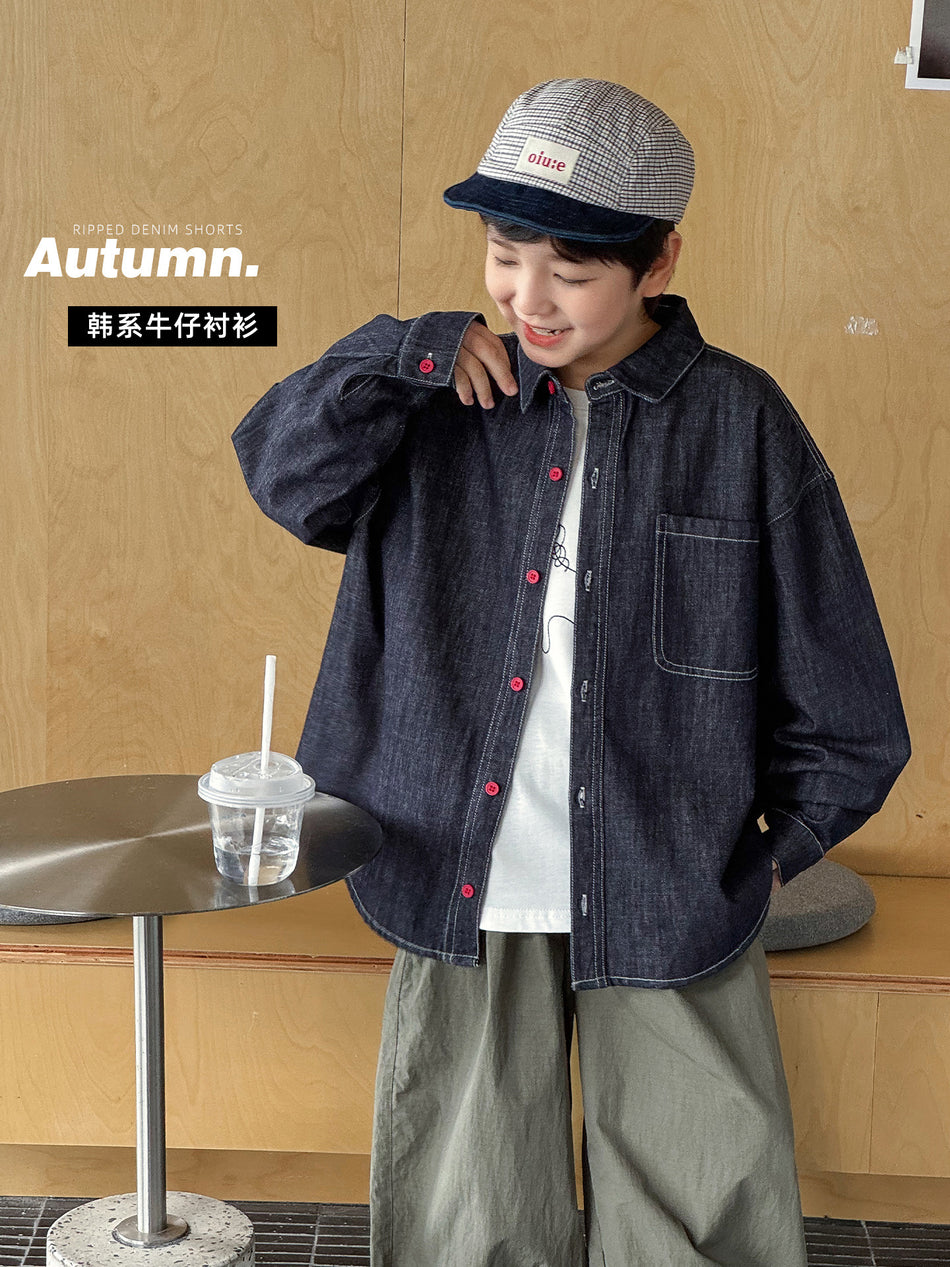 Boys' Cotton Denim Long-Sleeve Lapel Shirt for Autumn