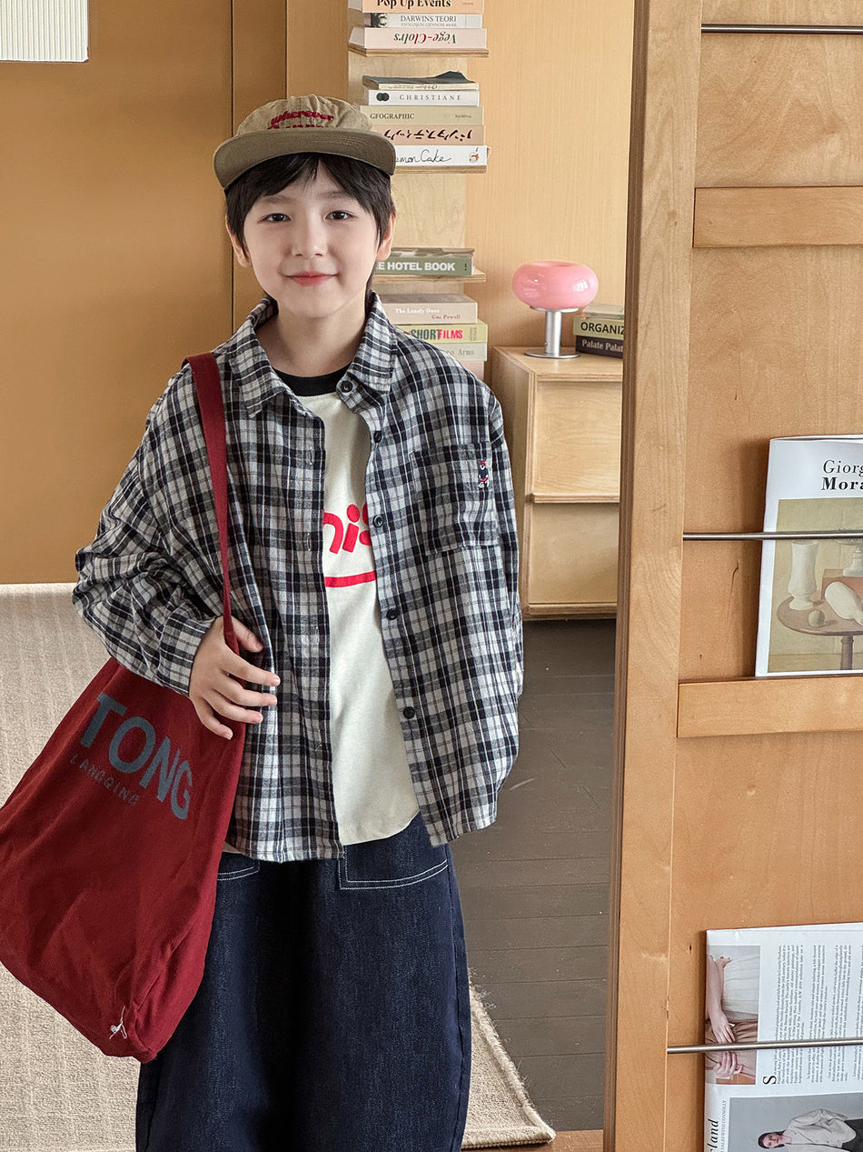 Boys' Cartoon Bear Plaid Long-Sleeve Lapel Shirt